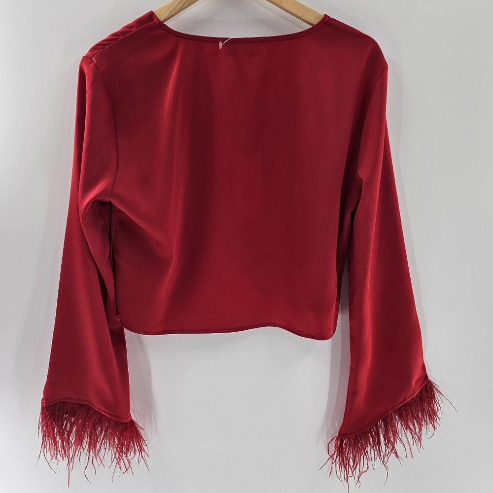 WAYF Red Long Sleeved Feather-Trim Cropped Satin V-Neck Top Womens Size Small - Picture 2 of 11